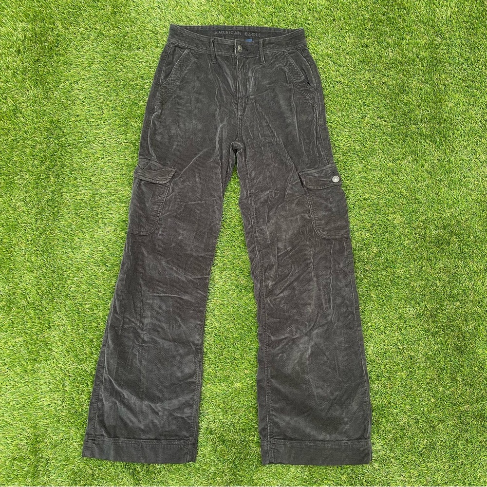 American Eagle pants cargo corduroy High-Rise  Wide Leg black gray Womens Sz 4 L